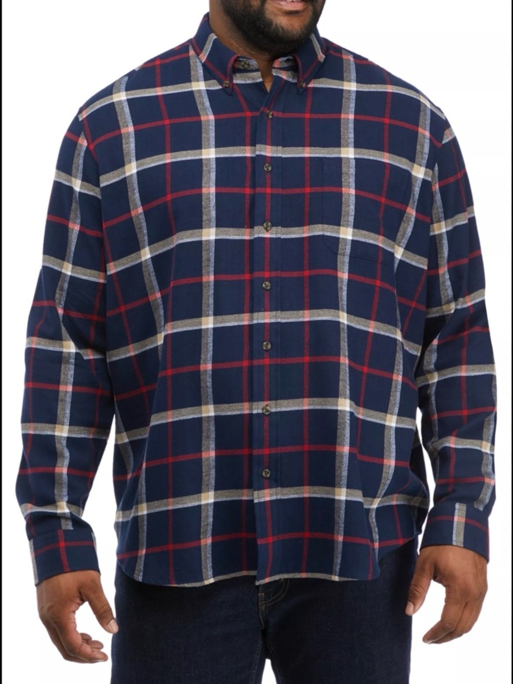 Saddlebred Navy Plaid Button-Down Flannel Shirt with Red and Cream Checks